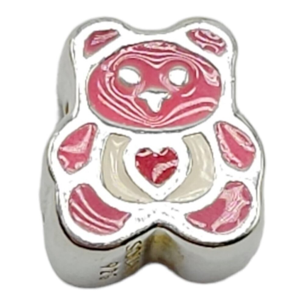 Solvar Sterling Silver Pink Enamel Teddy Bear Slide Charm Kids New Old Stock